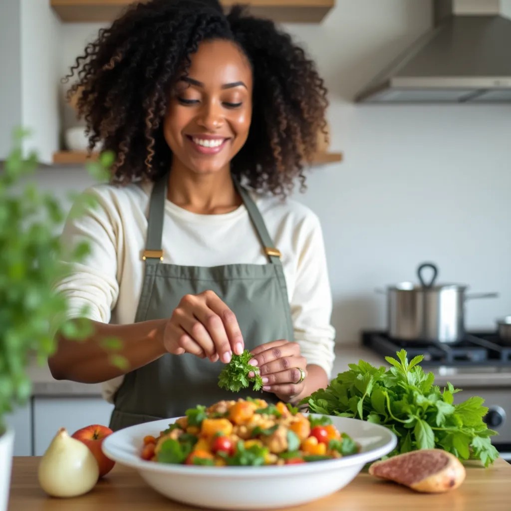 Personne souriante préparant un repas sain